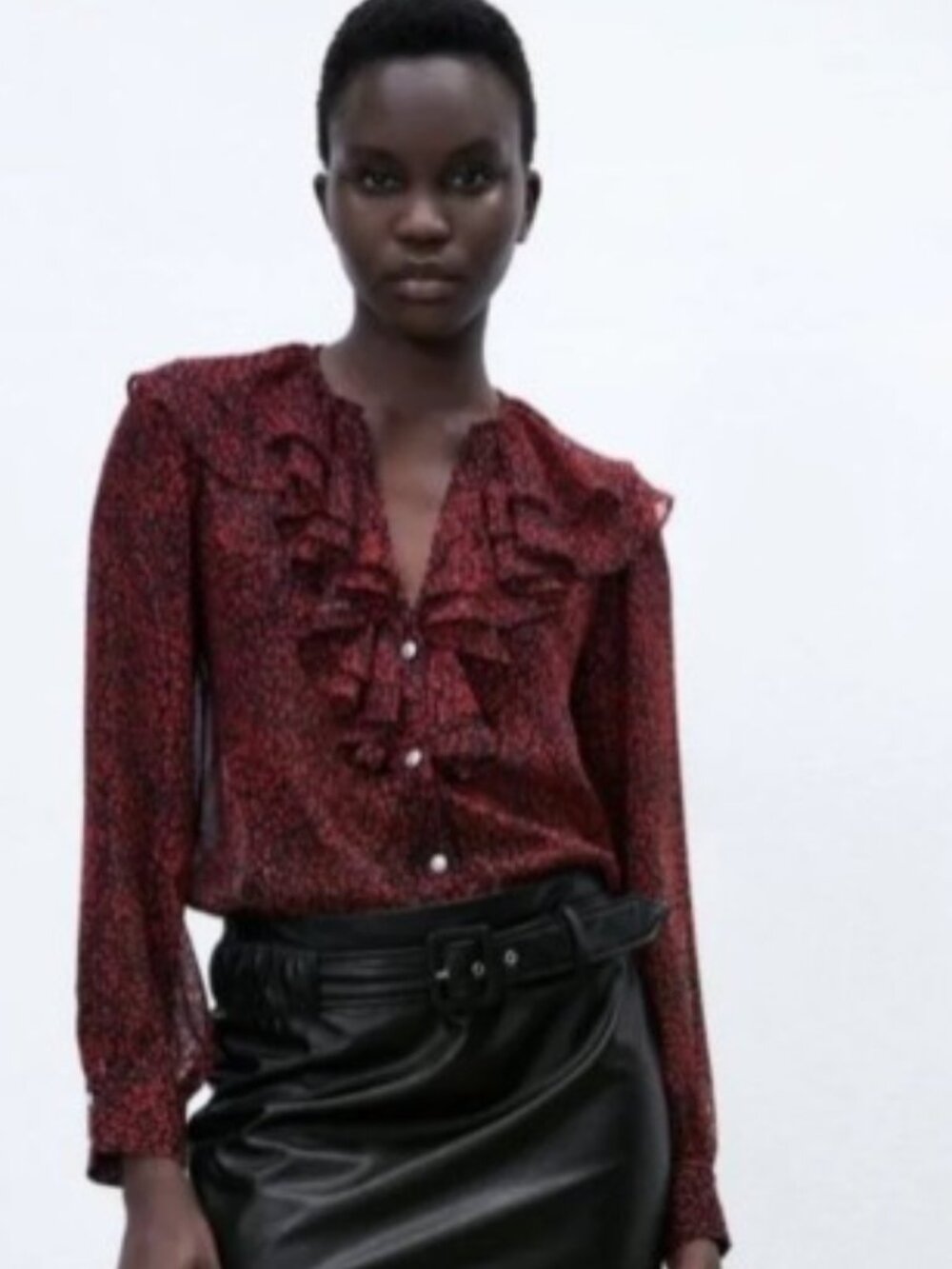 ZARA Animal Print Sheer Ruffle Button Front Top